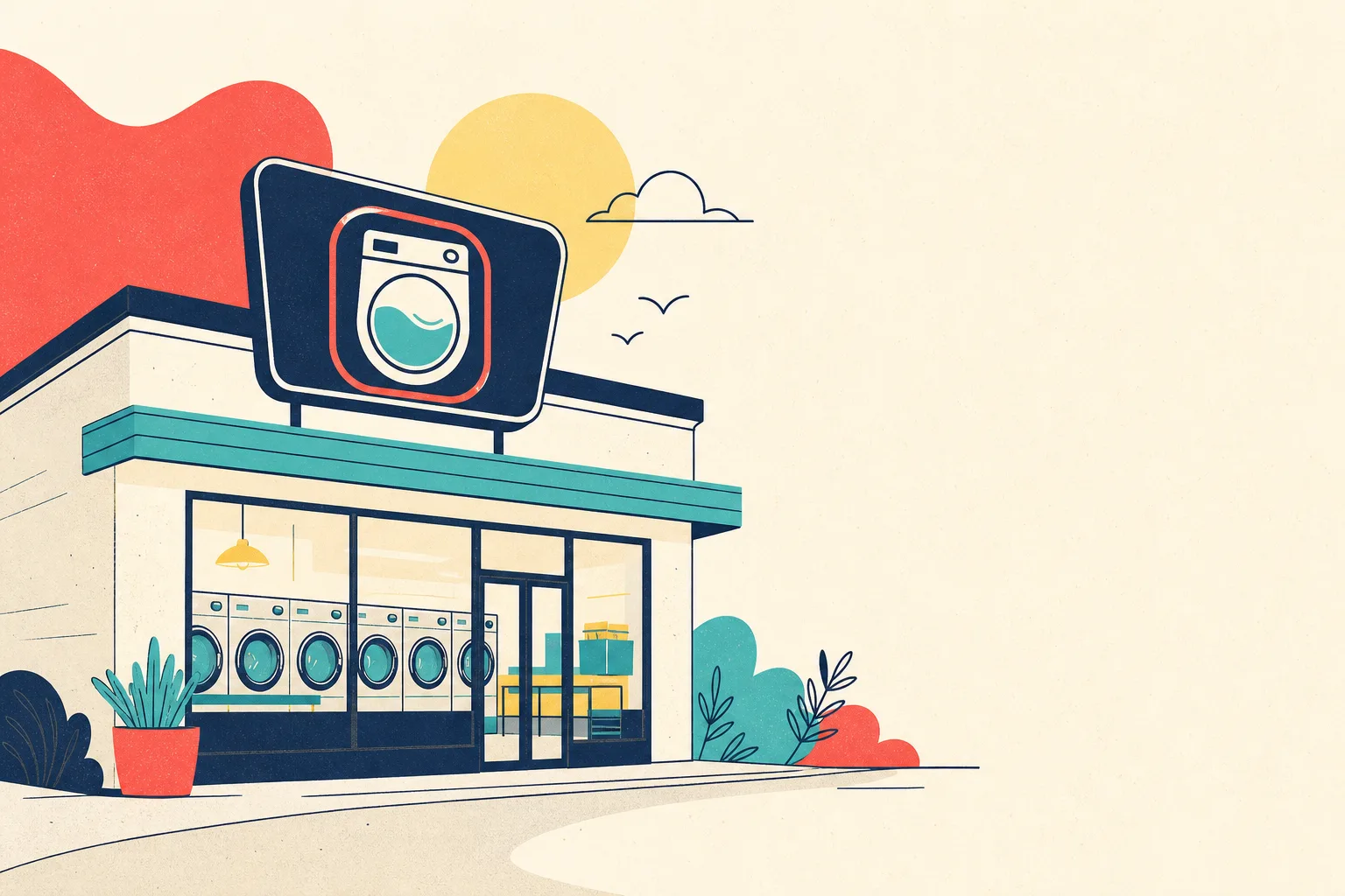 Flat illustration for the article "Branding Your Exterior Laundromat Signs".