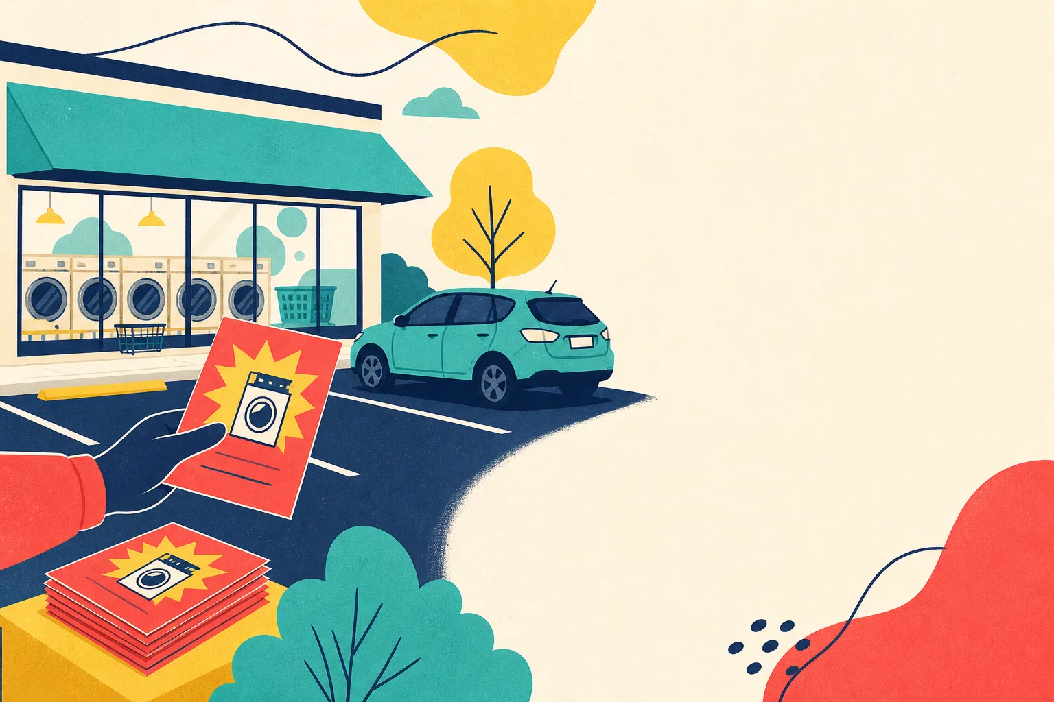 Flat illustration for the article "COMPETITIOR PASSING OUT FLYERS IN YOUR LAUNDROMAT PARKING LOT".