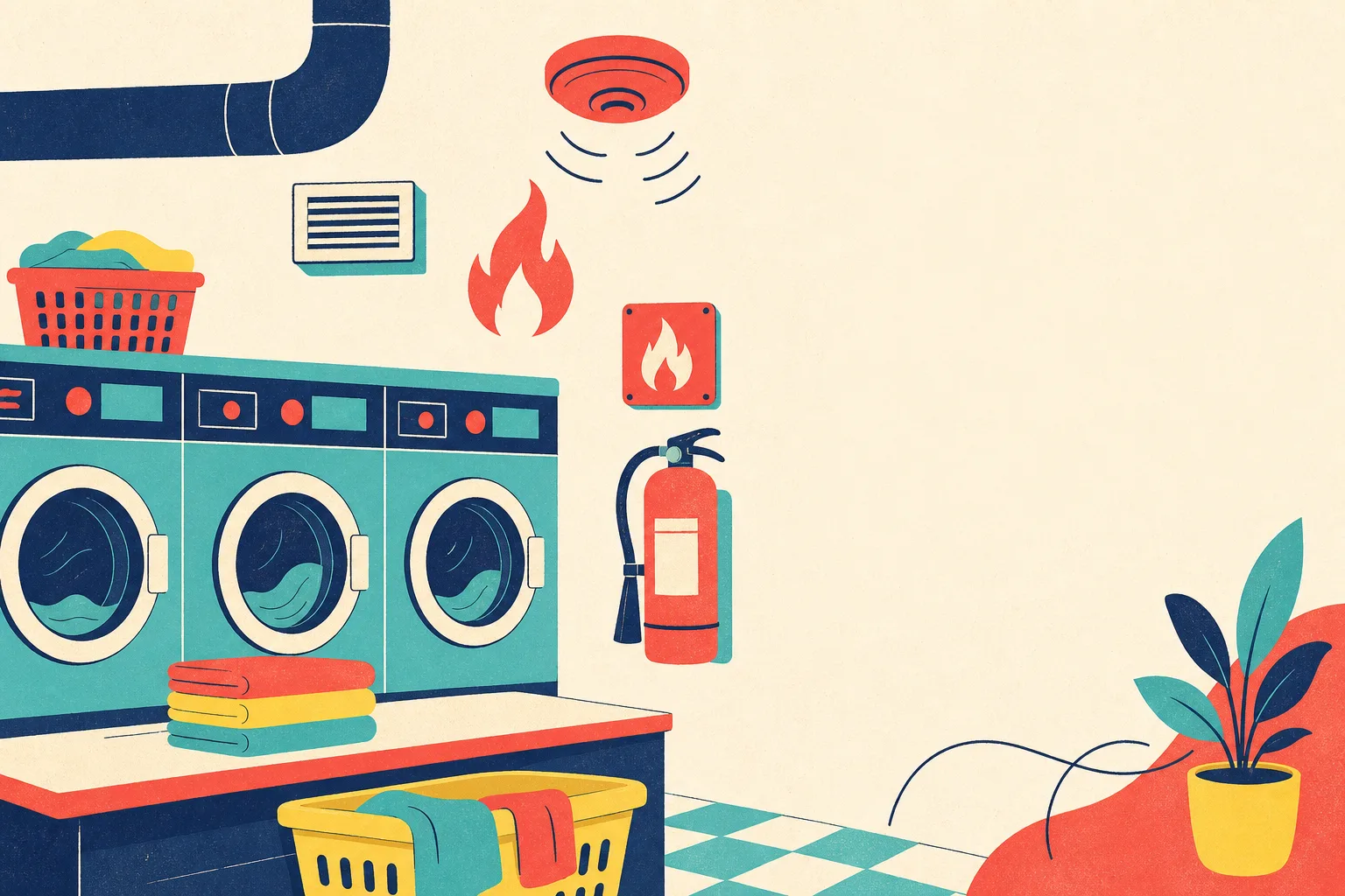 Flat illustration for the article "Fire Issues in Laundromats".