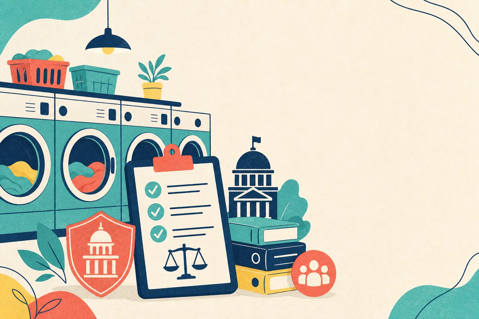 Flat illustration for the article "Government Obligations Related to Laundromat Employees".