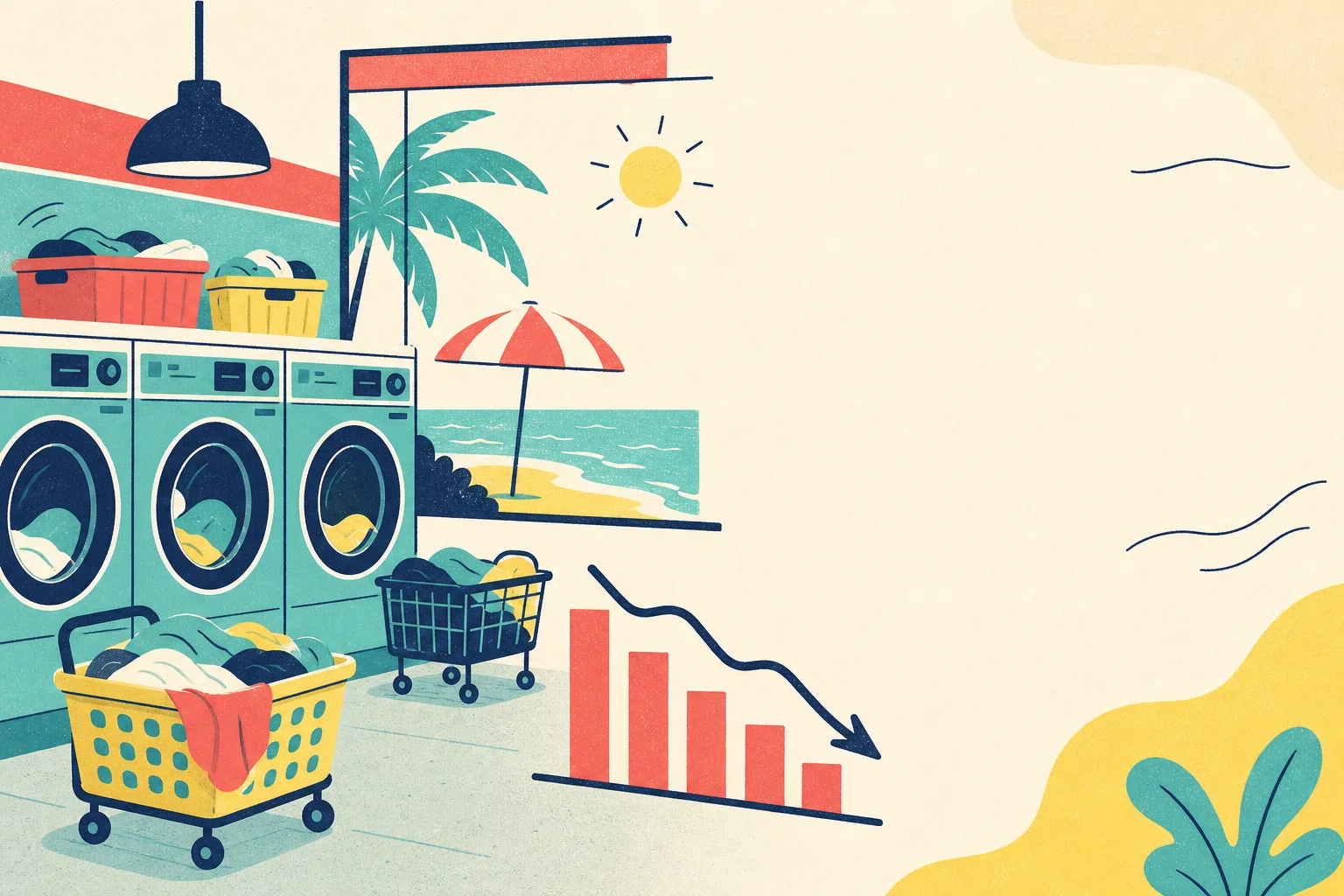 Flat illustration for the article "Laundromat Income Can Decline in the Summer".