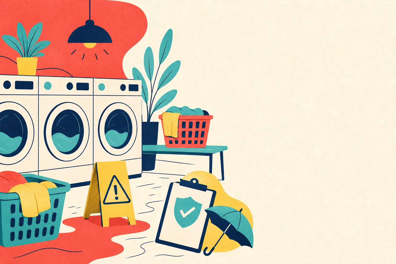 Flat illustration for the article "Liability Claims Answers by Laundromat 123".