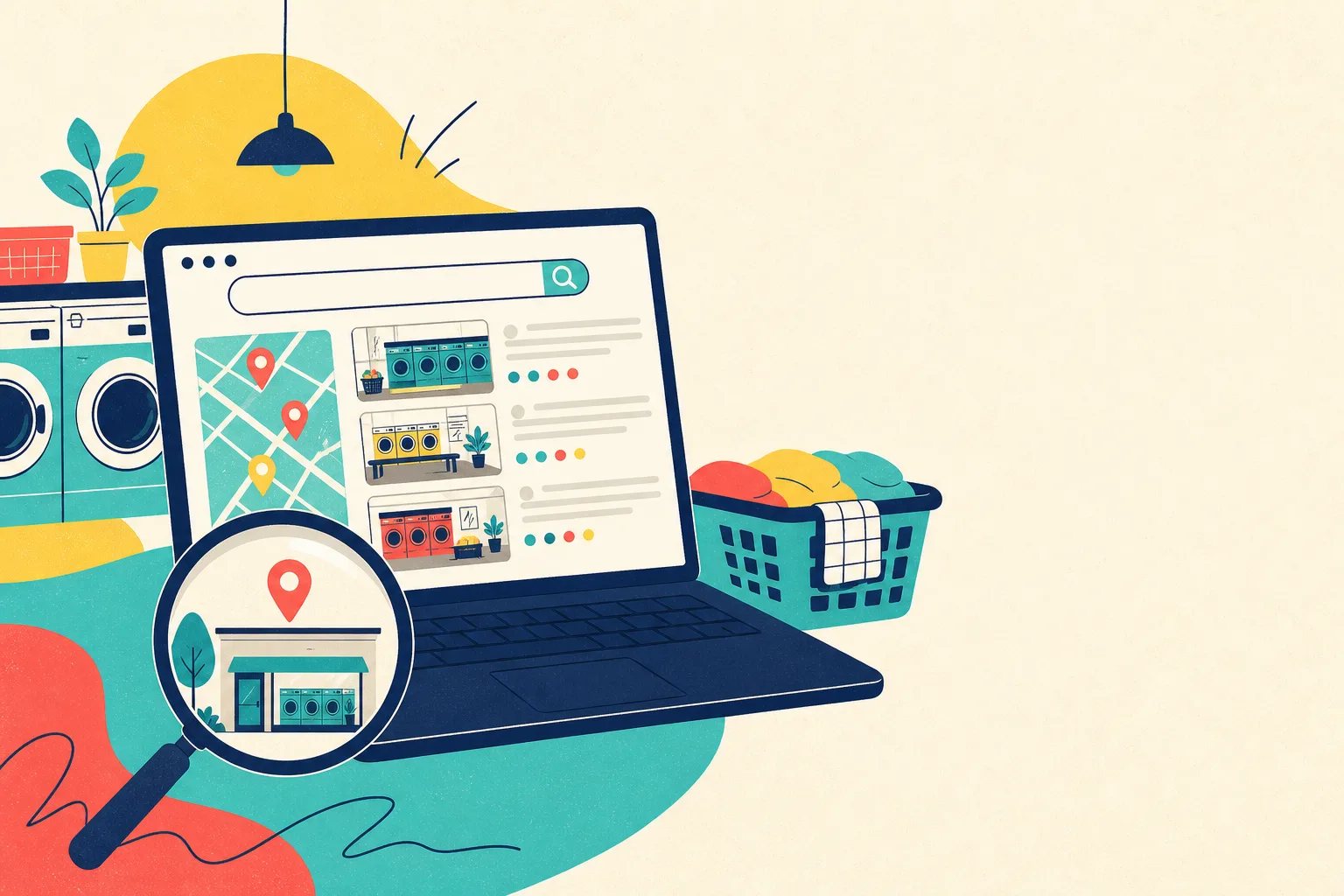 Flat illustration for the article "Searching for Laundromats by using the internet".