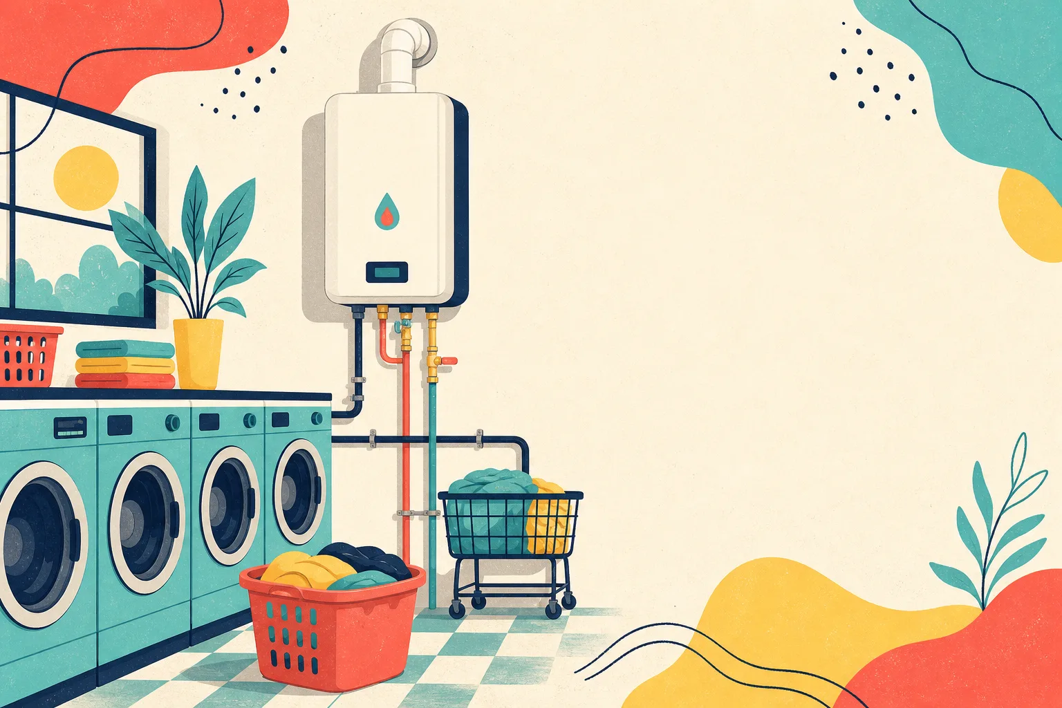 Flat illustration for the article "Should Laundromats Install Tankless Heaters".