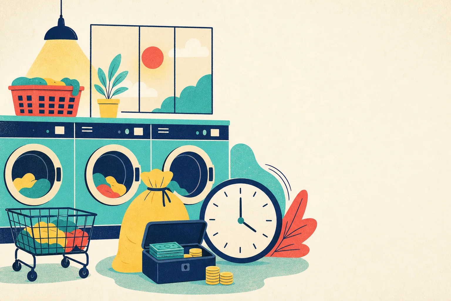Flat illustration for the article "When Should Laundromats Do Their Collections".